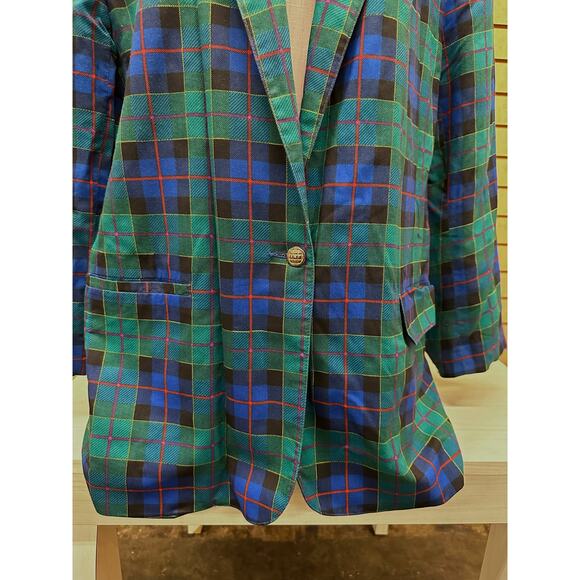 Leslie Fay Plus Size 80s Tartan Blue Green Plaid Blazer Size 18 - Picture 11 of 11